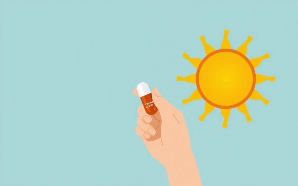 Εικονογράφηση ενός χεριού που κρατά ένα χάπι Βιταμίνης D και ενός ήλιου