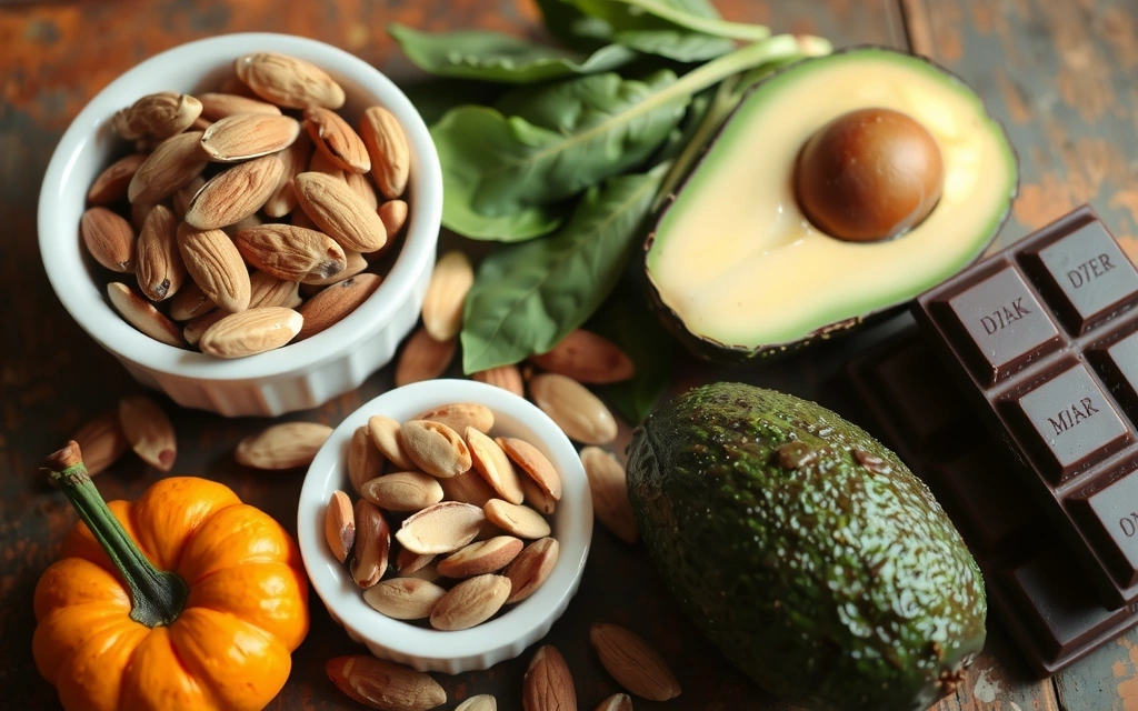 Διάφορες τροφές πλούσιες σε μαγνήσιο: ξηροί καρποί, σπόροι, πράσινα λαχανικά, μαύρη σοκολάτα